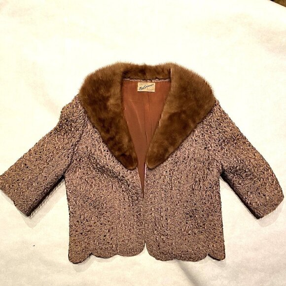 Vintage 40s 50s Pam Stewart ribbon knit crop coat chocolate brown mink collar - Picture 5 of 17